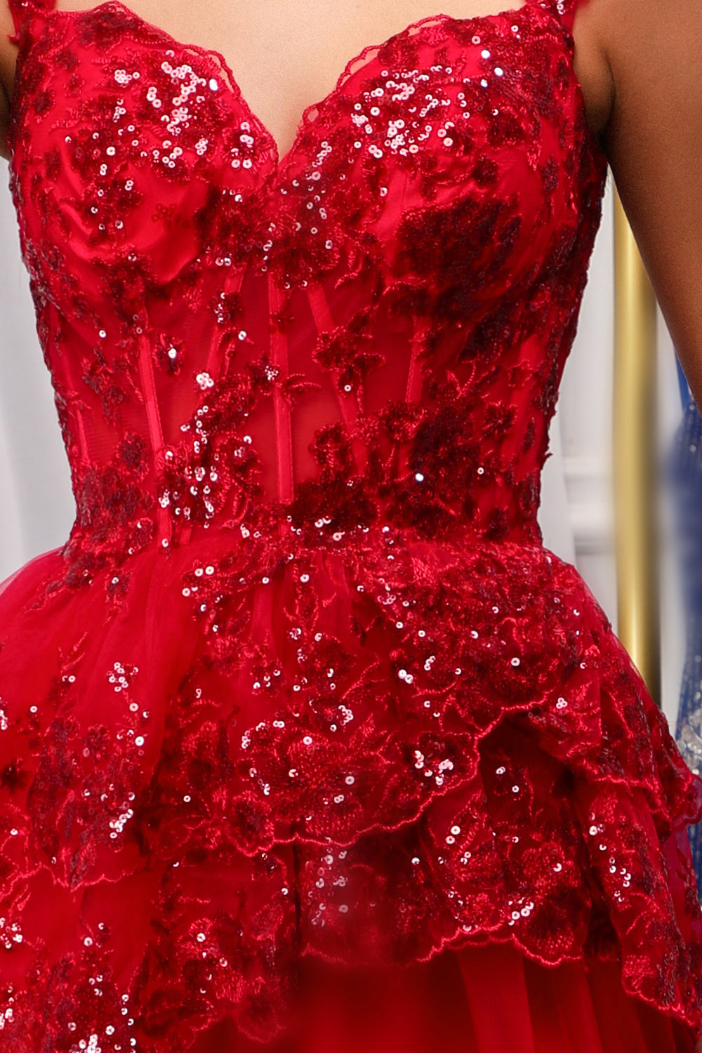 Sparkly Red Corset Tiered Lace A-Line Short Homecoming Dress