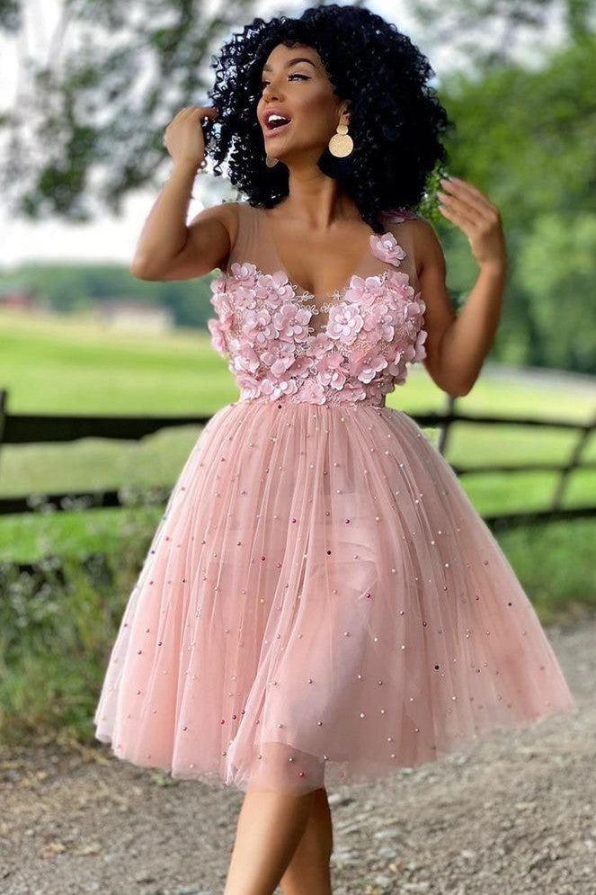 Yolanda |A-Line Beaded Tulle Homecoming Dress with Flowers