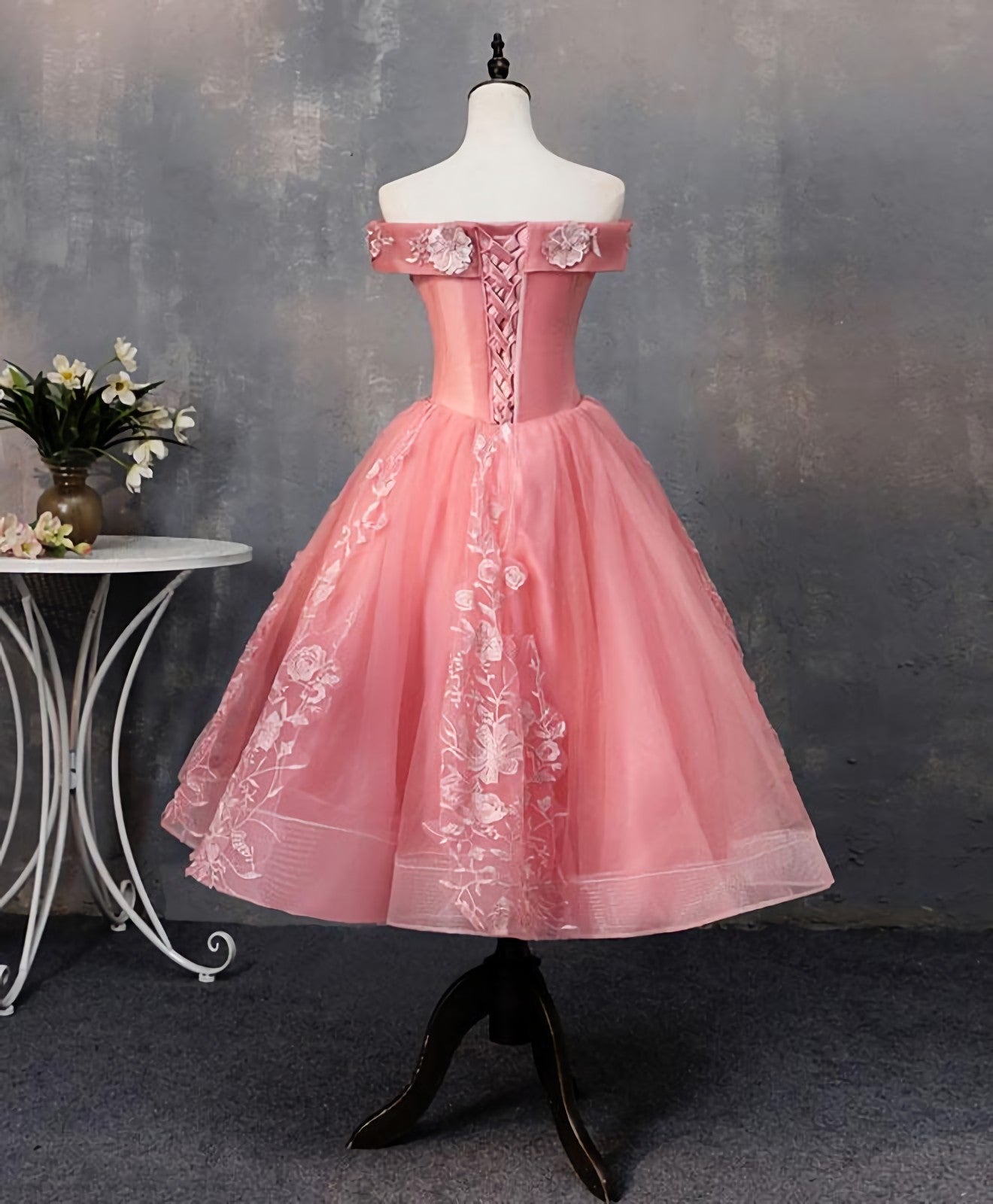 Pink Tulle Lace Off Shoulder Short Prom Dress, Pink Homecoming Dress