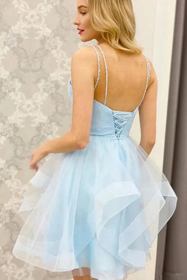 Candice | A-Line V Neck Light Blue Short Homecoming Dresses