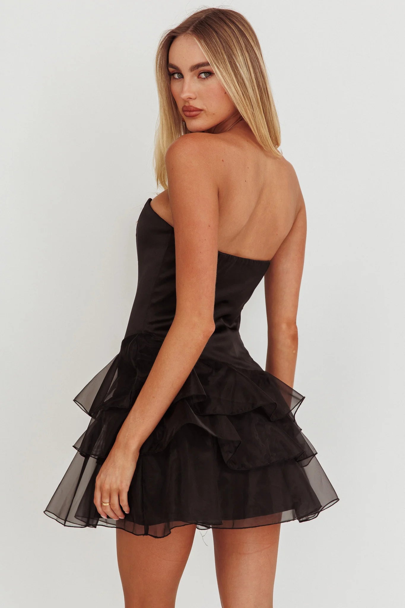 Bless Strapless Organza Ruffle Mini Homecoming Dress