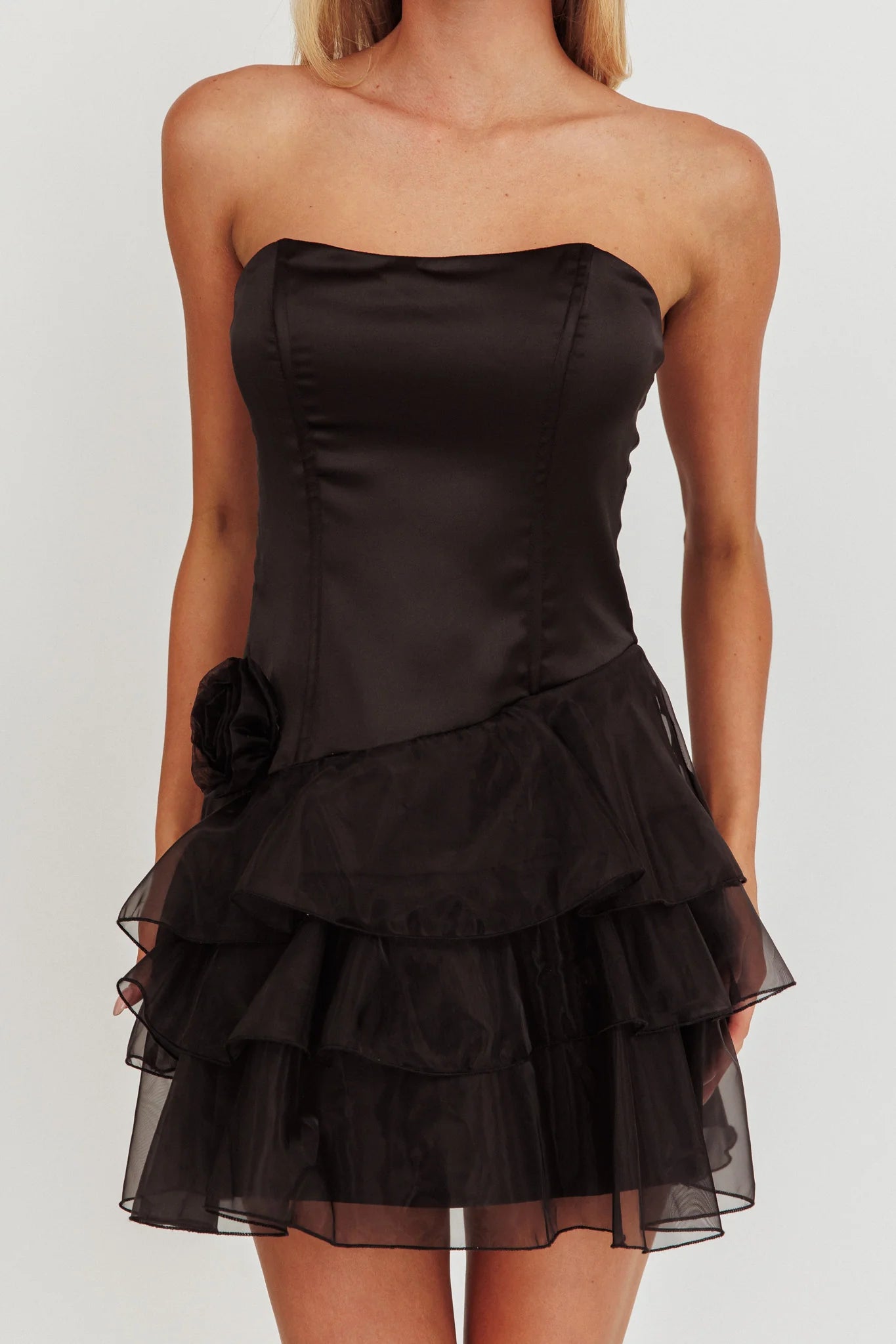 Bless Strapless Organza Ruffle Mini Homecoming Dress