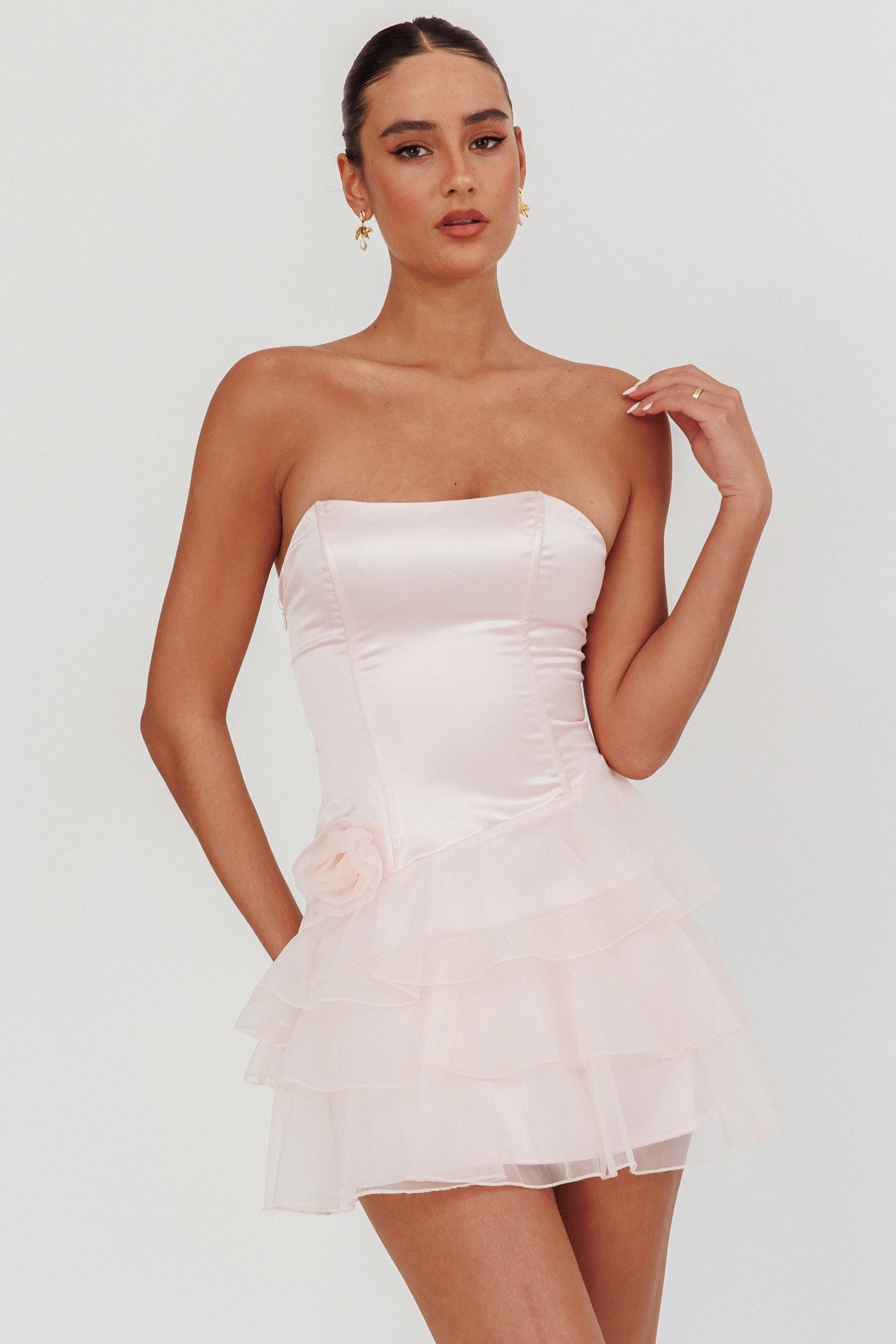 Bless Strapless Organza Ruffle Mini Homecoming Dress