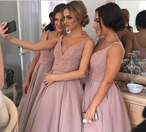 A-line Sweetheart Floor-Length Satin Dusty Rose Bridesmaid Dresses With Beading HX002