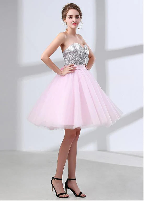 Delicate Sequin Lace & Tulle Sweetheart Neckline Short Length A-line Bridesmaid Dresses BD034