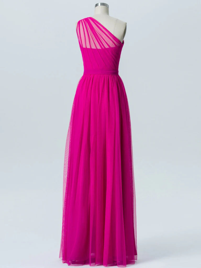 Elegant Tulle One Shoulder Neckline Floor-length A-line Bridesmaid Dresses With Pleats BD003