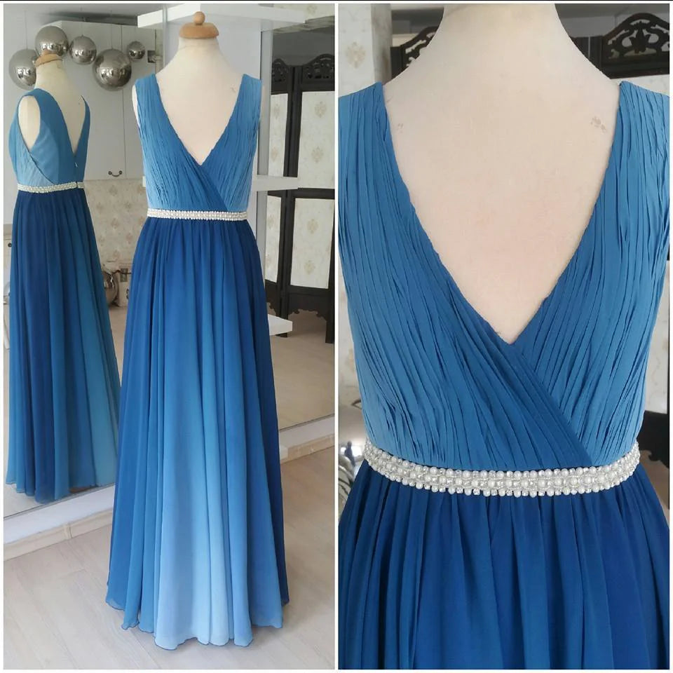 Outstanding Chiffon V-neck Neckline A-line Bridesmaid Dresses With Pearls BD045