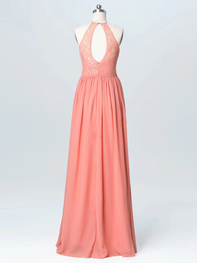 Popular Chiffon Halter Neckline Cut-out Sweep Train A-line Bridesmaid Dresses With Appliques BD004