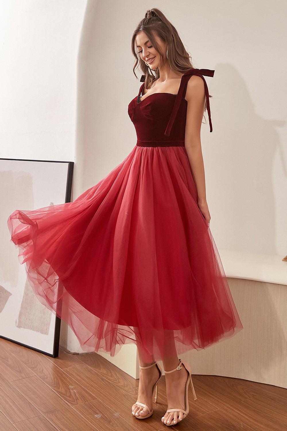 Burgundy Tulle Homecoming Dress with Bowknot