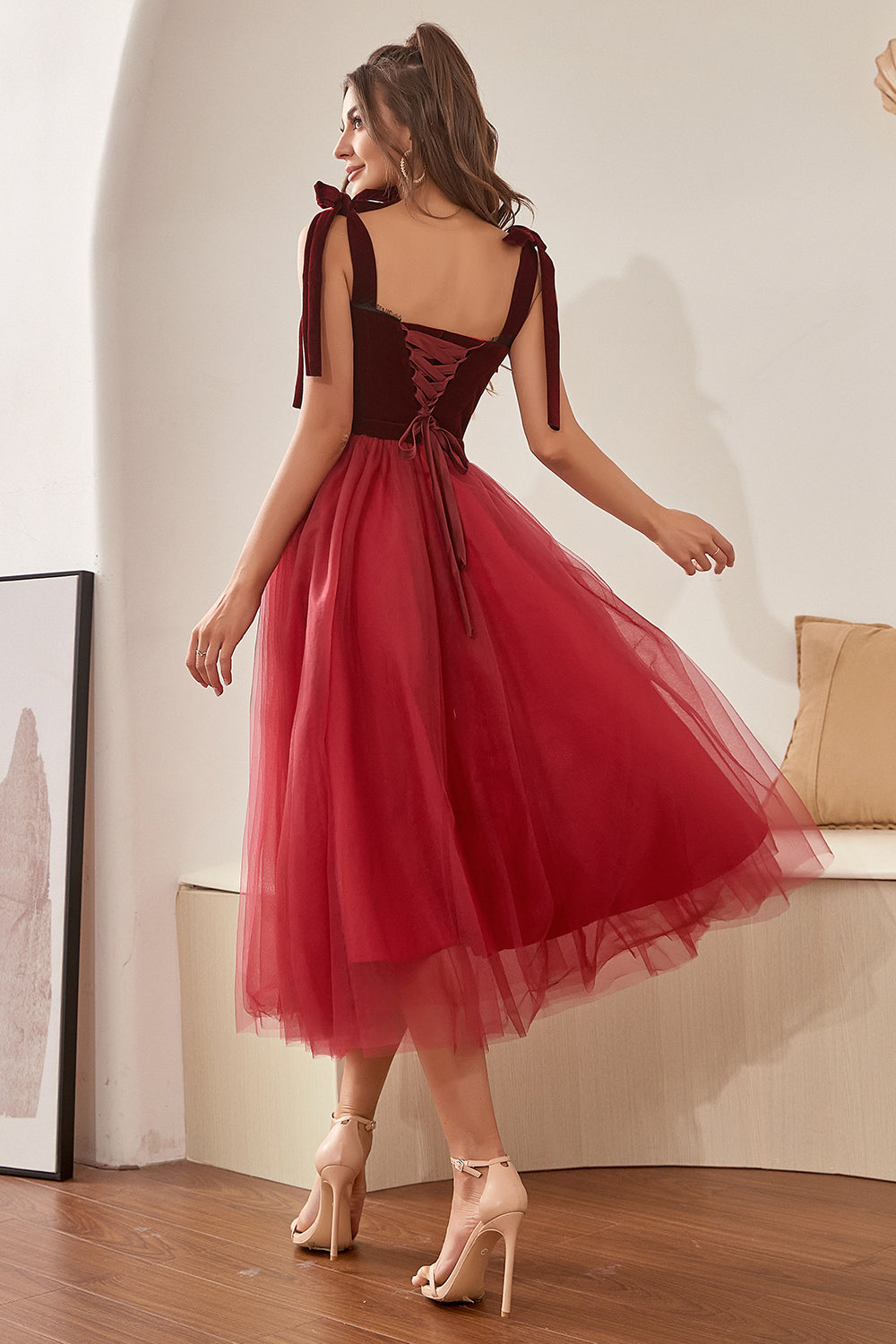 Burgundy Tulle Homecoming Dress with Bowknot