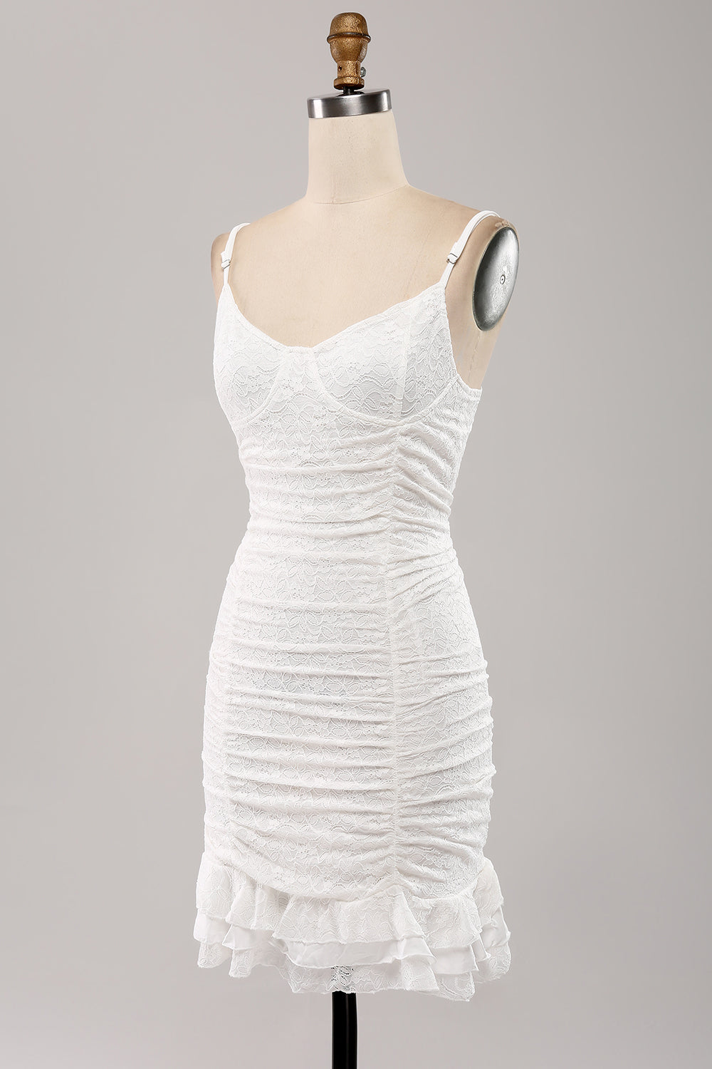 Cute Spaghetti Straps Bodycon Pleated Lace Short White Graduation Dress