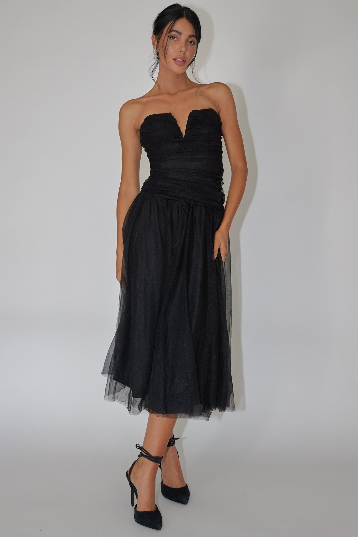 Daphnie Drop Waist Tulle Midi Homecoming Dress Black