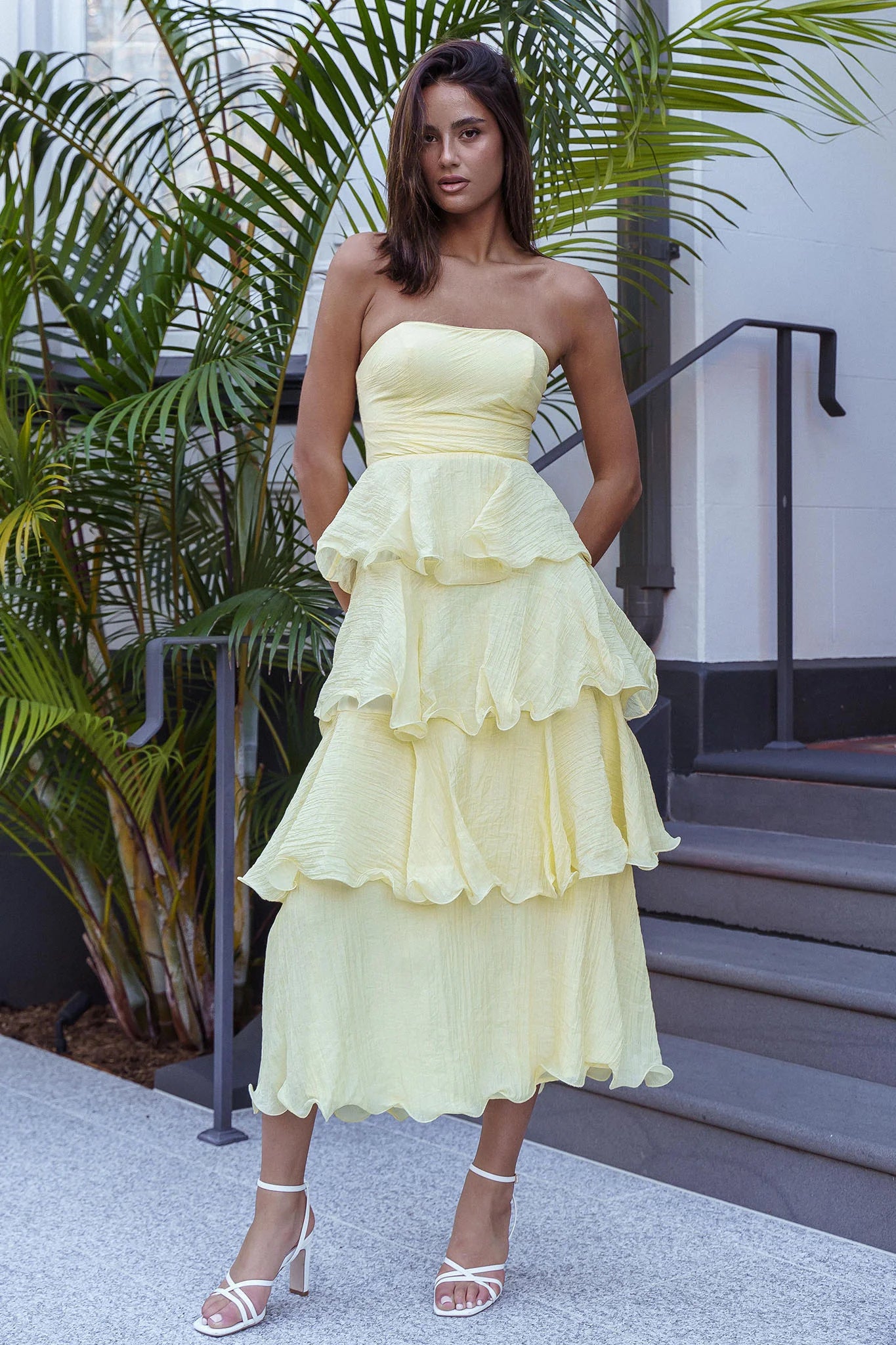 Giavana Strapless Layered Midi Homecoming Dress Off White