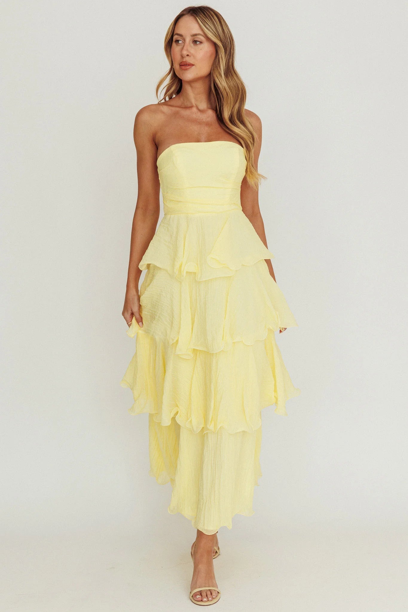 Giavana Strapless Layered Midi Homecoming Dress Off White