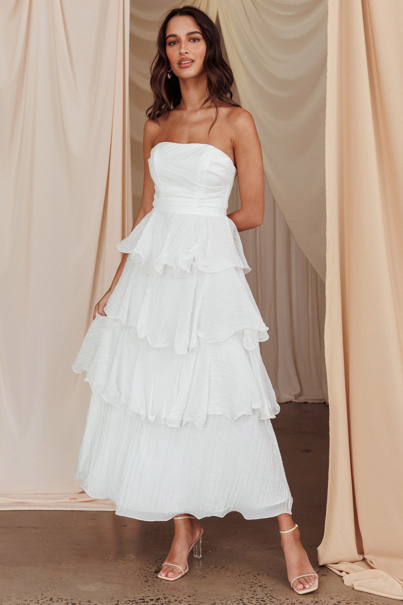 Giavana Strapless Layered Midi Homecoming Dress Off White