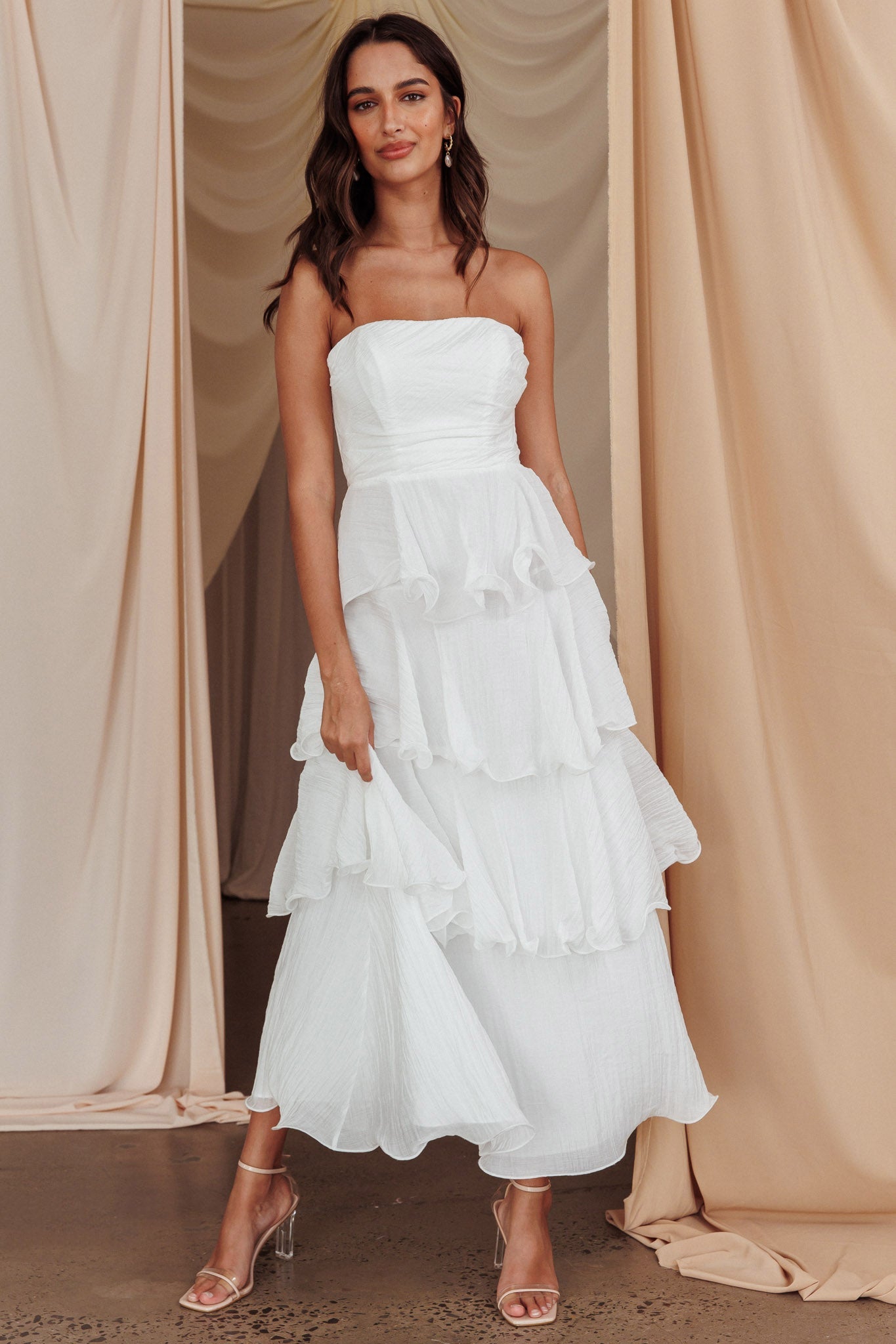 Giavana Strapless Layered Midi Homecoming Dress Off White