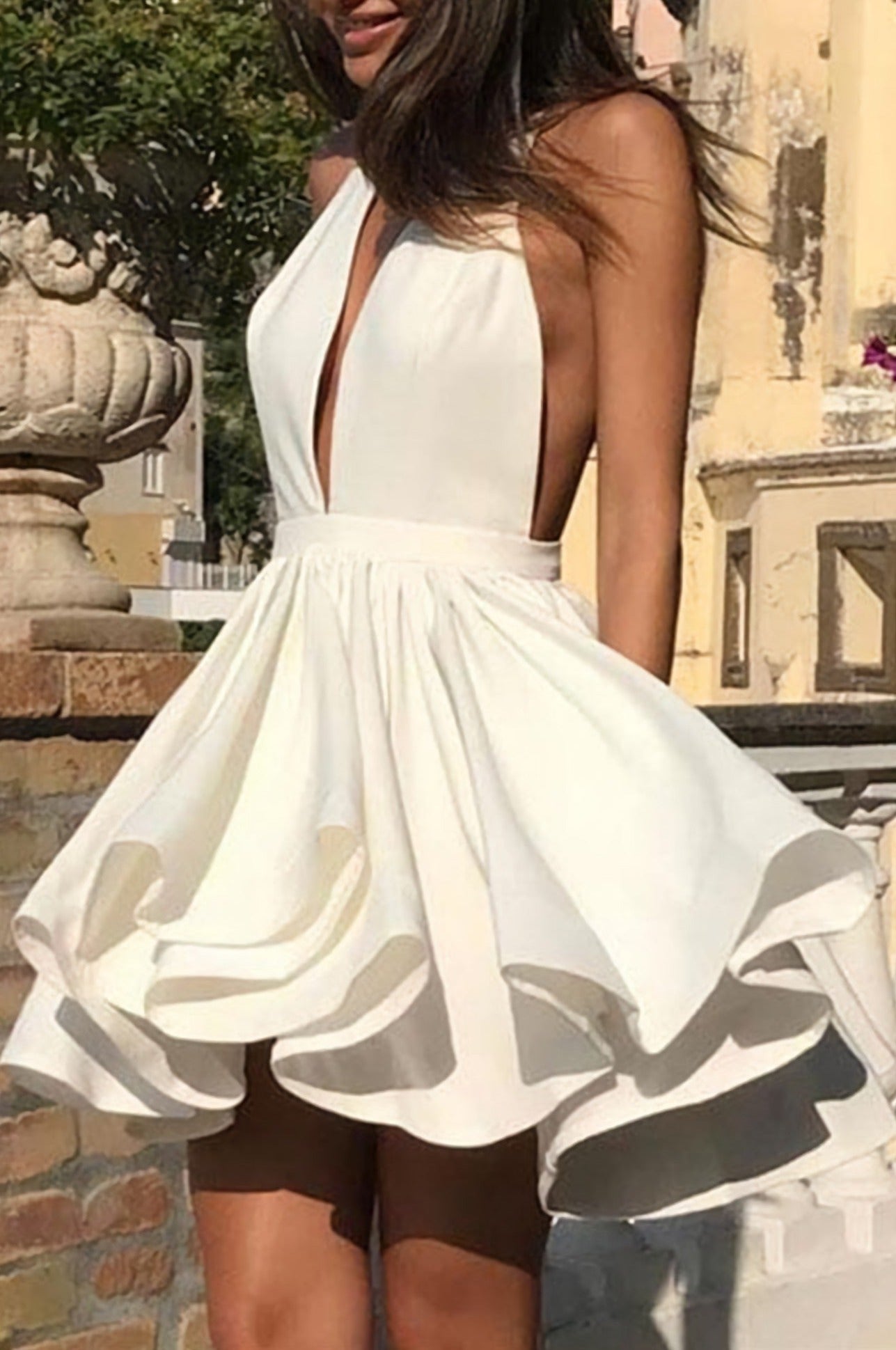 Cute Halter V Neck Backless Layered White Homecoming Dresses, Short Prom Dresses, White Formal Evening Graduation Dresses, 2019