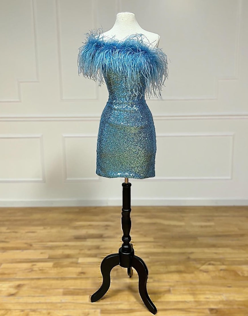 Farrah |Sheath Sequin Homecoming Dress with Feather