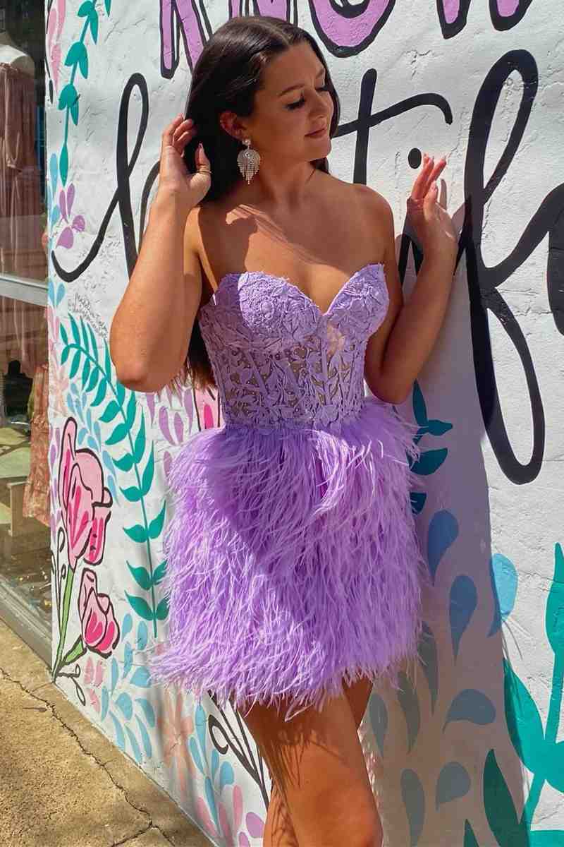 Amina |Sheath Sweetheart Lace Feather Skirt Homecoming Dress