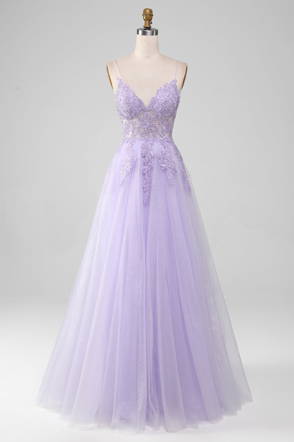 Sparkly Light Purple A-Line Spaghetti Straps Long Prom Dress With Beading