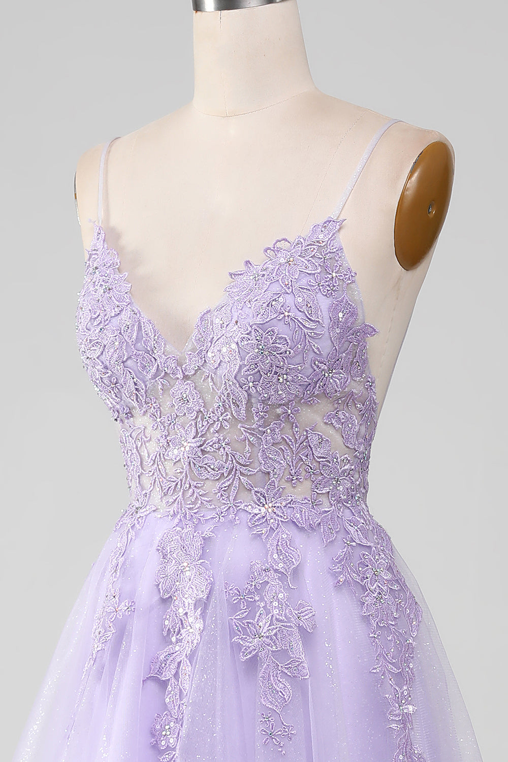 Sparkly Light Purple A-Line Spaghetti Straps Long Prom Dress With Beading