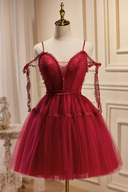 Rebecca |Burgundy A Line V Neck Tulle Homecoming Dress