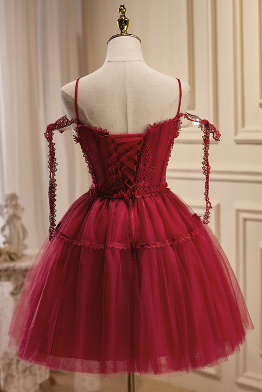 Rebecca |Burgundy A Line V Neck Tulle Homecoming Dress