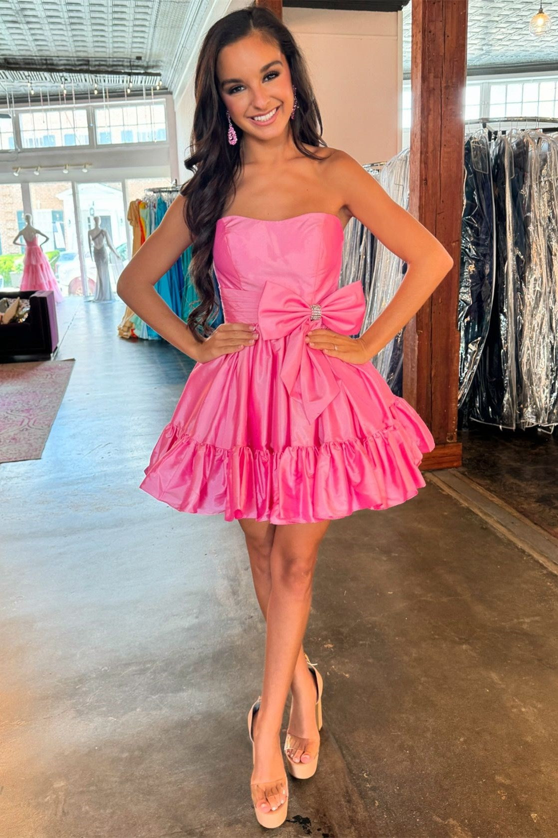 Hinako | Pink Strapless Ruffle Homecoming Dress with Bow