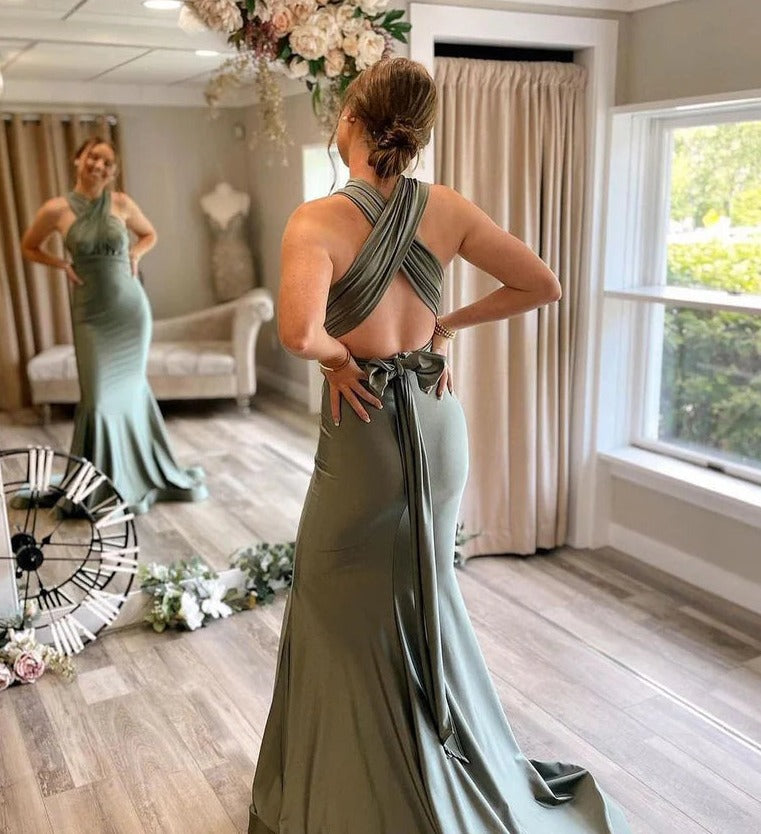 Multi Neckline Chiffon Mermaid Bridesmaid Dresses With Sweep Train BD182