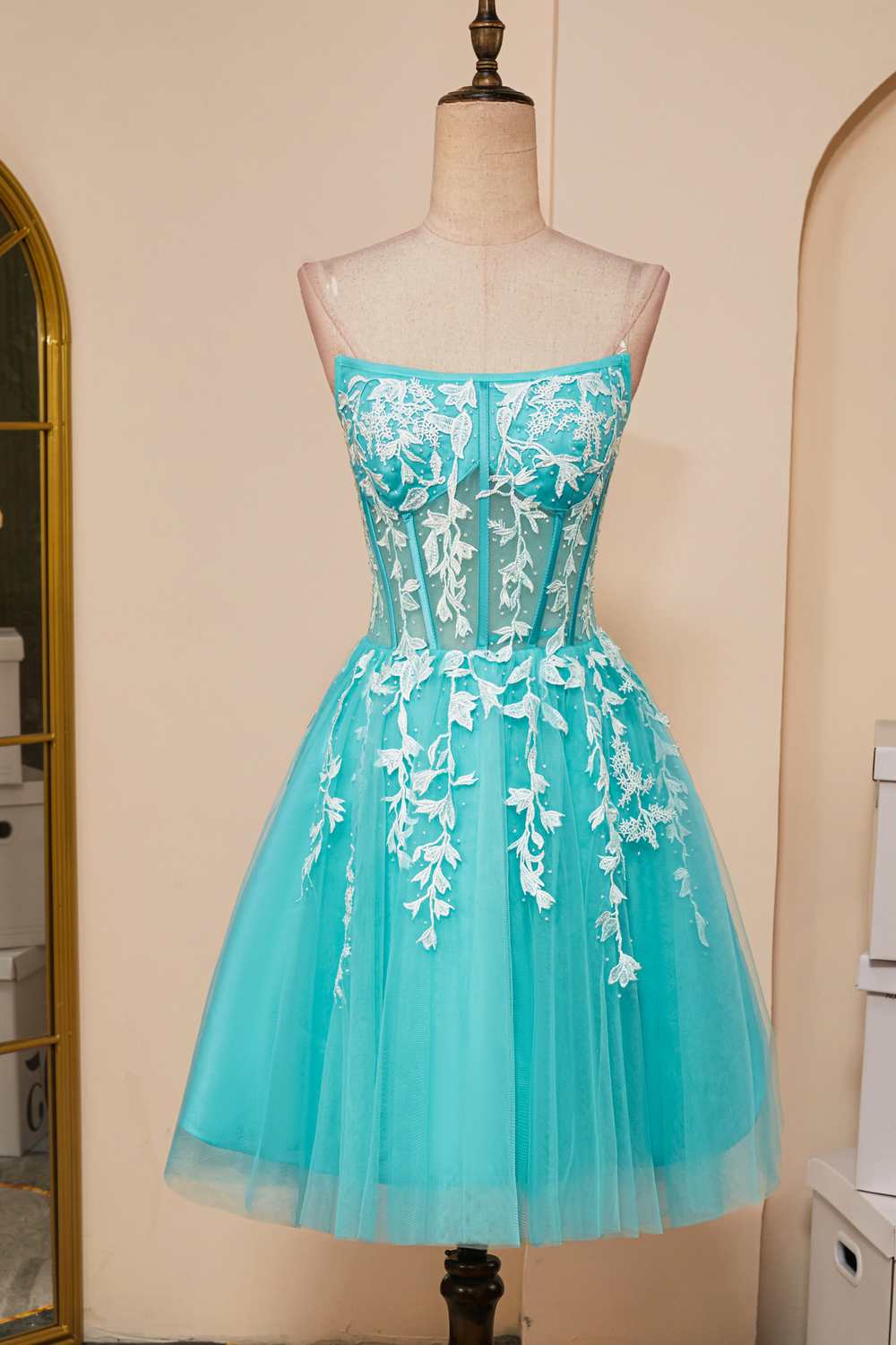 Sky Blue Appliques Strapless A-line Homecoming Dress