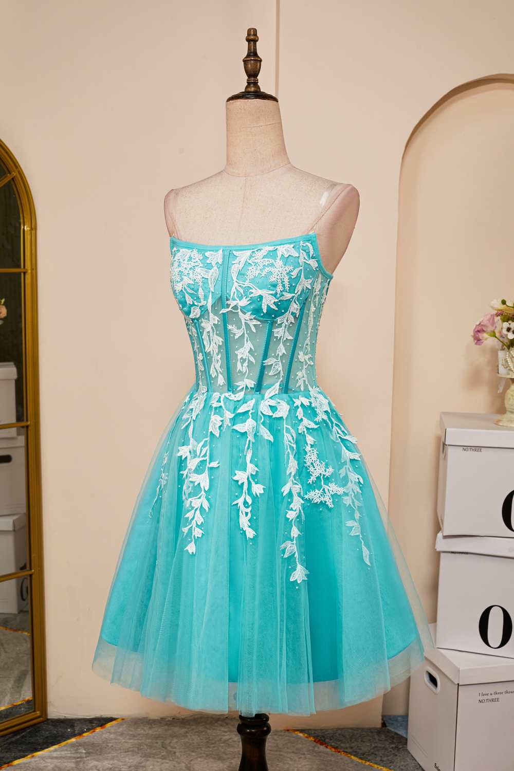 Sky Blue Appliques Strapless A-line Homecoming Dress