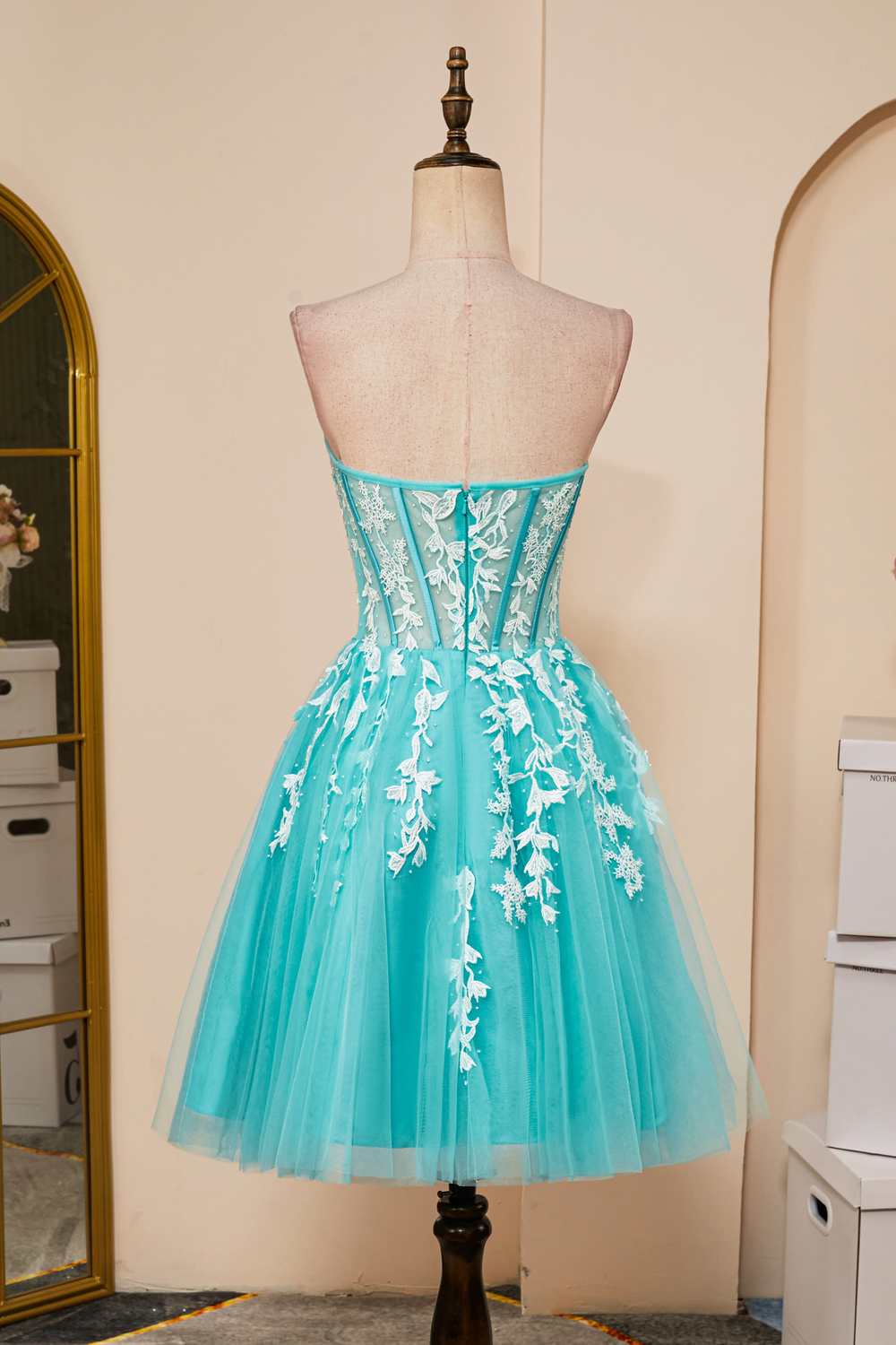 Sky Blue Appliques Strapless A-line Homecoming Dress