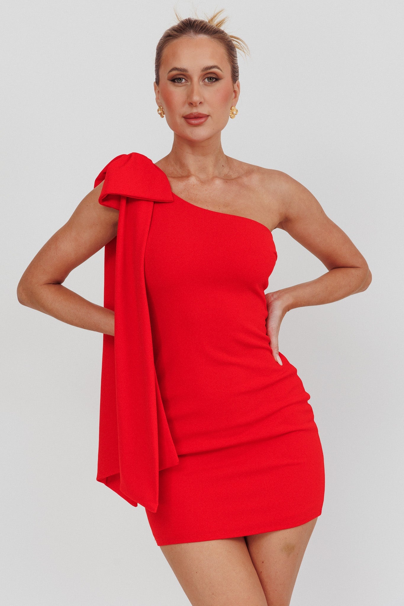 Earned It One Shoulder Bow Mini Homecoming Dress Red