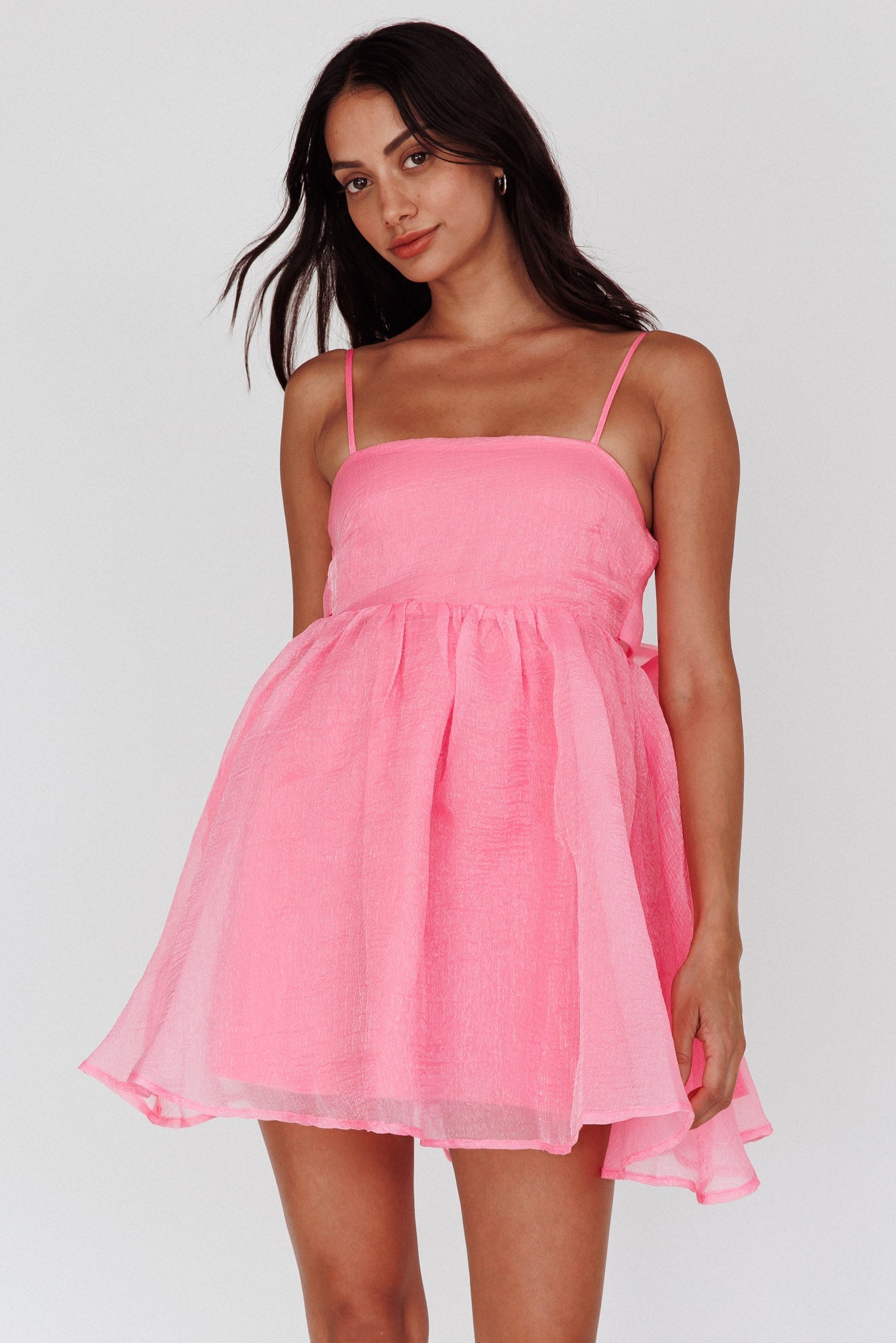 Diaz Bow Back Babydoll Mini Homecoming Dress