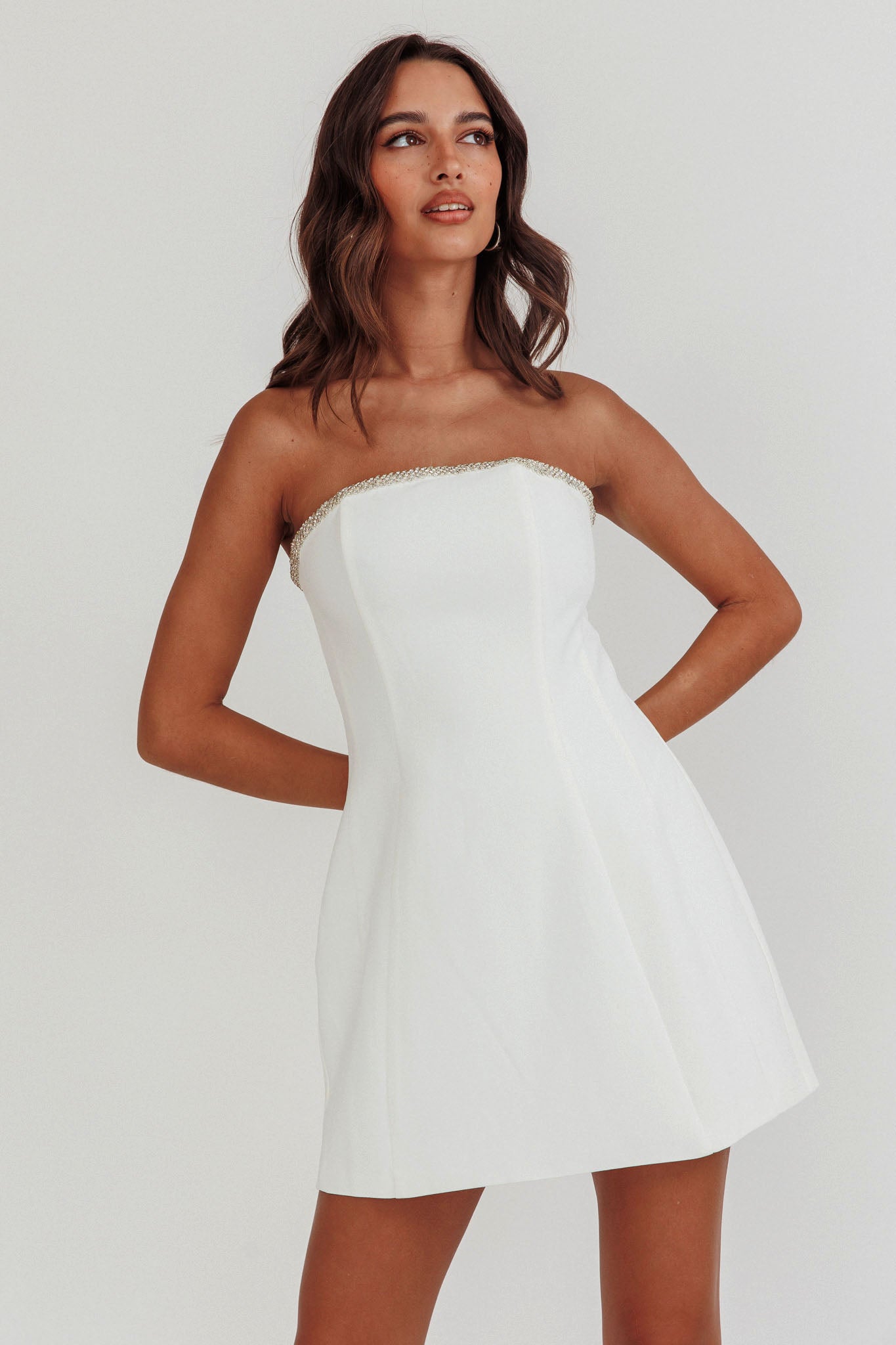 Macaila Rhinestone Trim Strapless Mini Homecoming Dress Off White