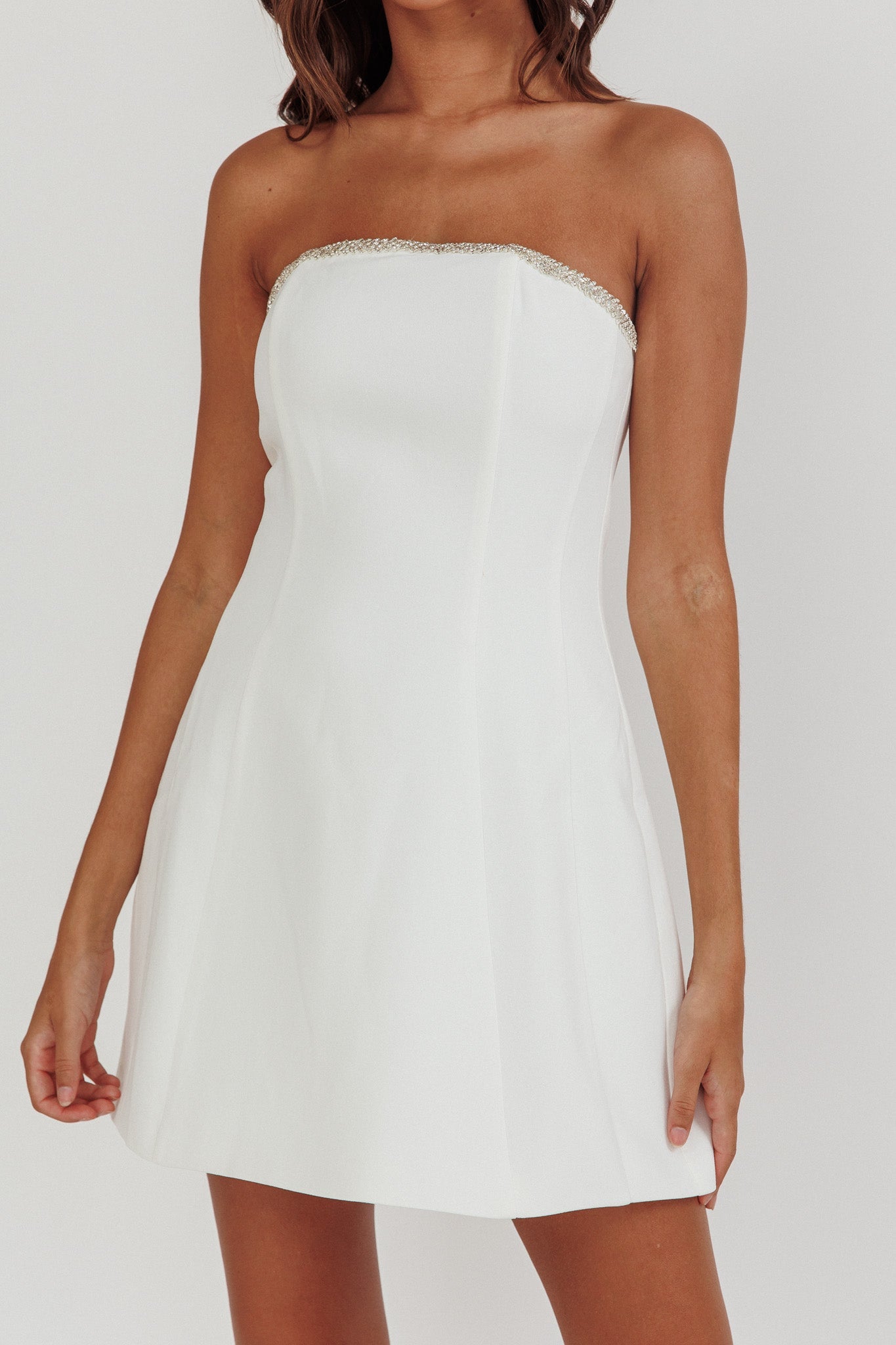 Macaila Rhinestone Trim Strapless Mini Homecoming Dress Off White