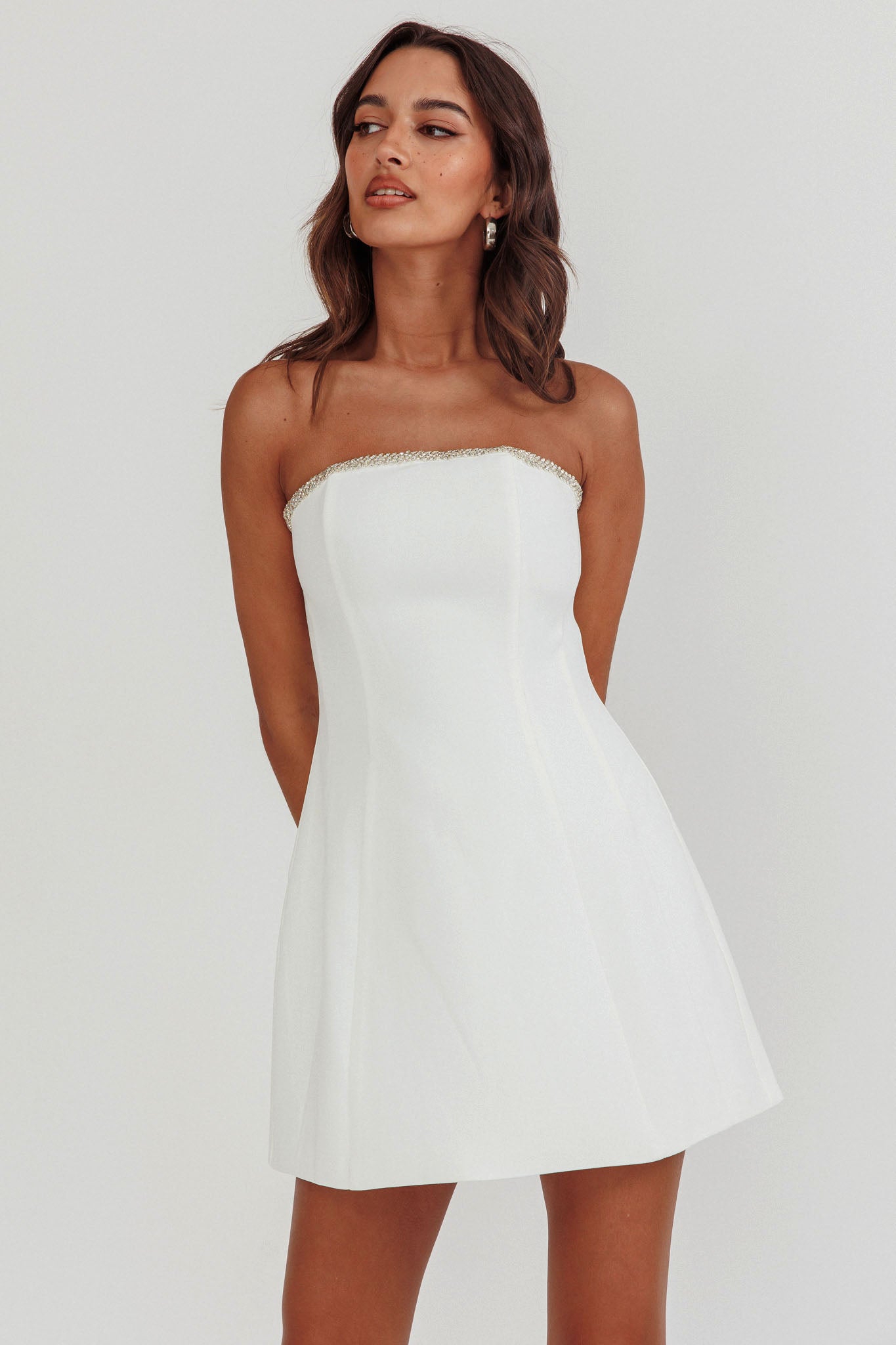 Macaila Rhinestone Trim Strapless Mini Homecoming Dress Off White