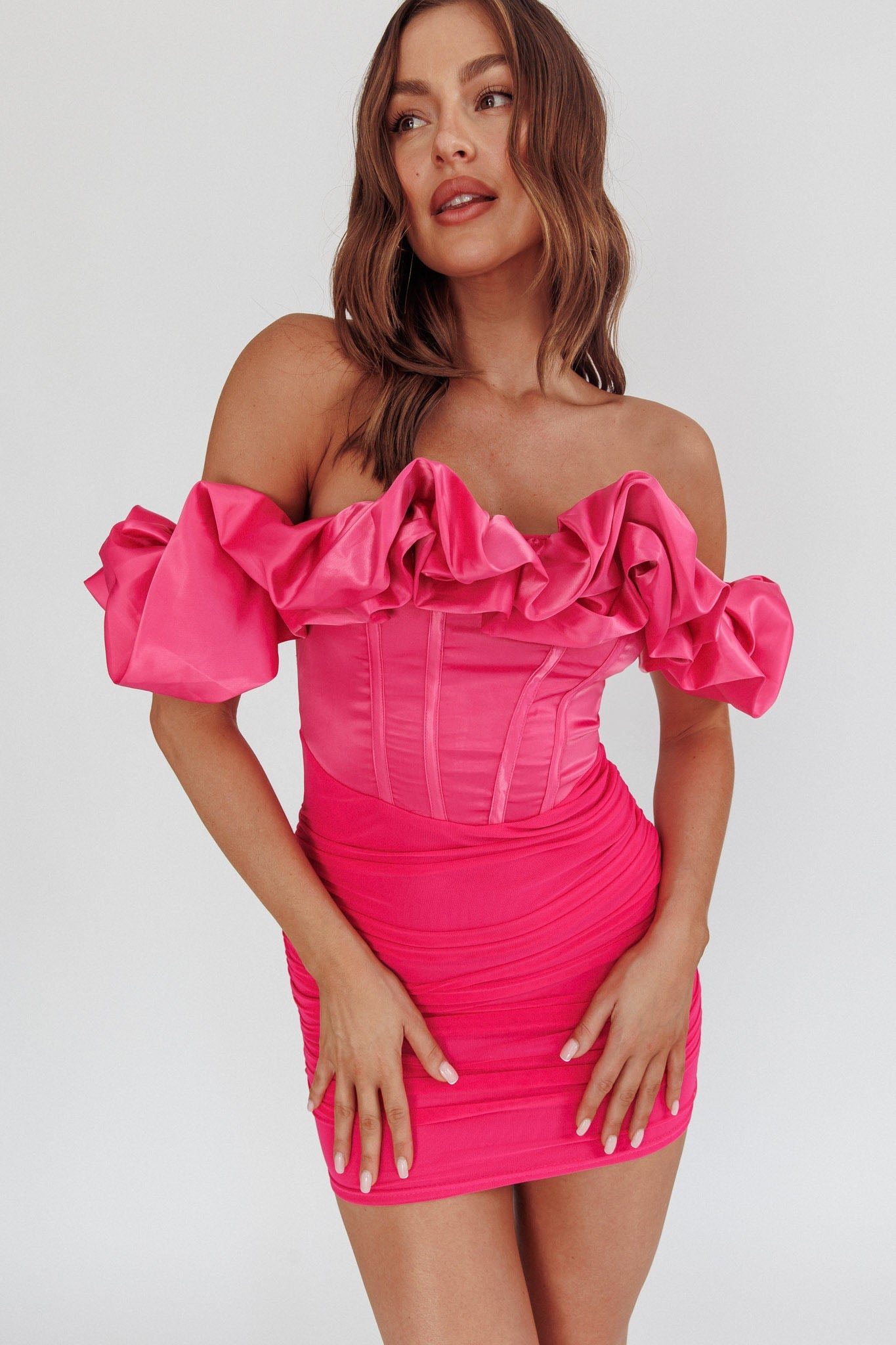 Arista Off-Shoulder Ruched Mini Homecoming Dress Hot Pink