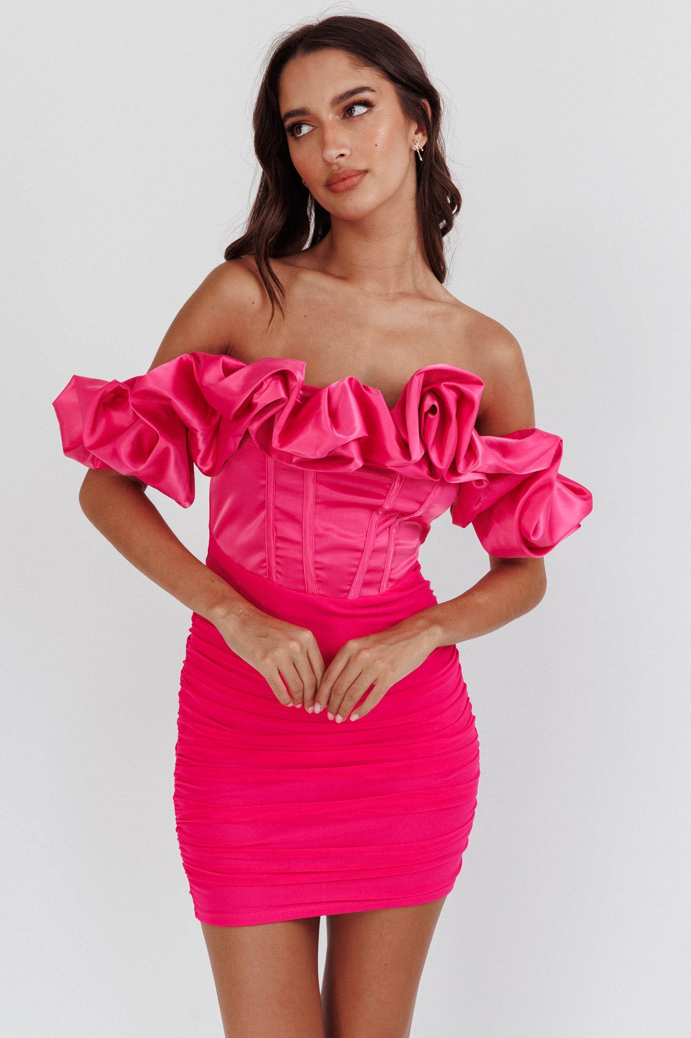 Arista Off-Shoulder Ruched Mini Homecoming Dress Hot Pink