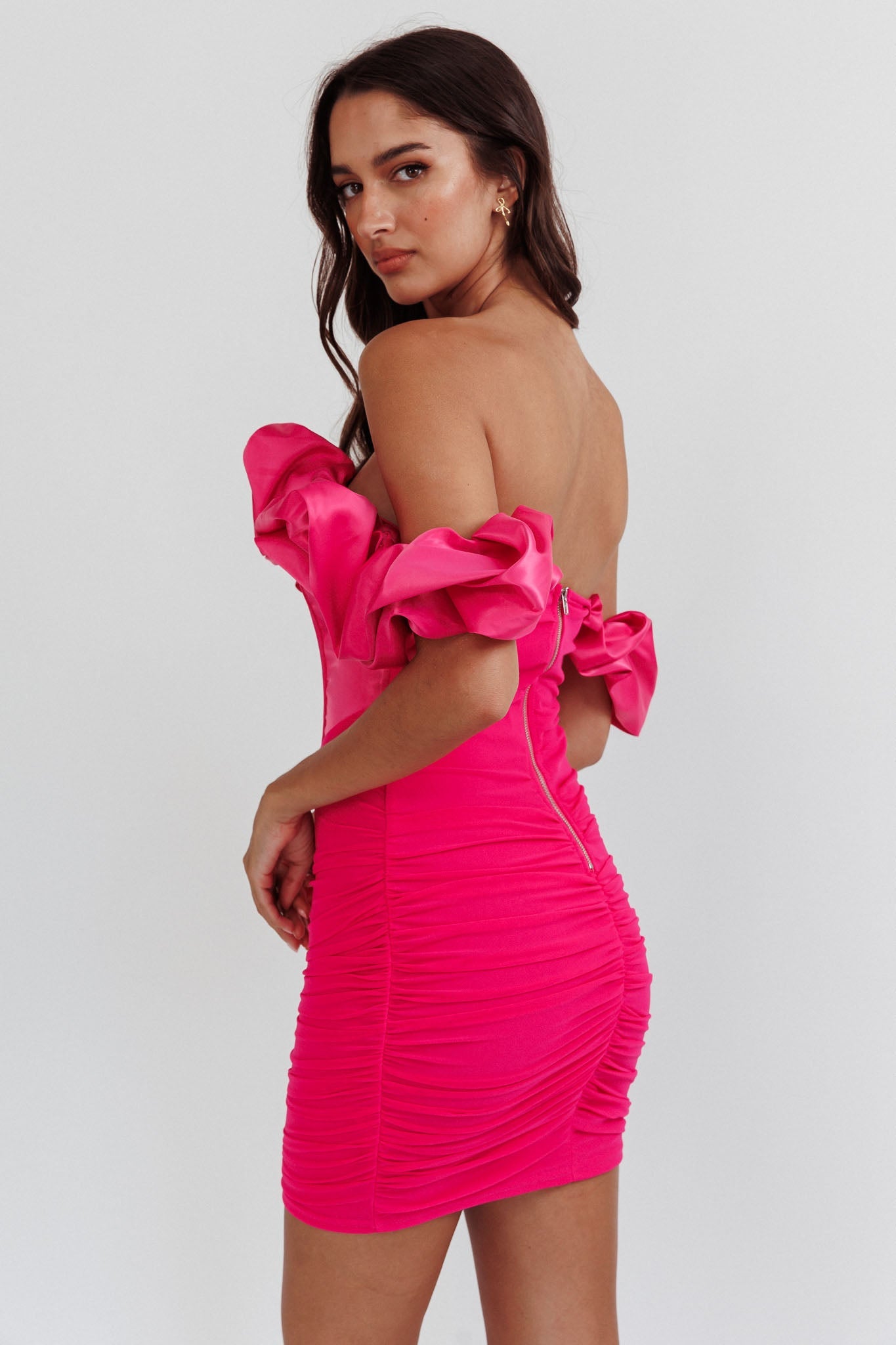 Arista Off-Shoulder Ruched Mini Homecoming Dress Hot Pink