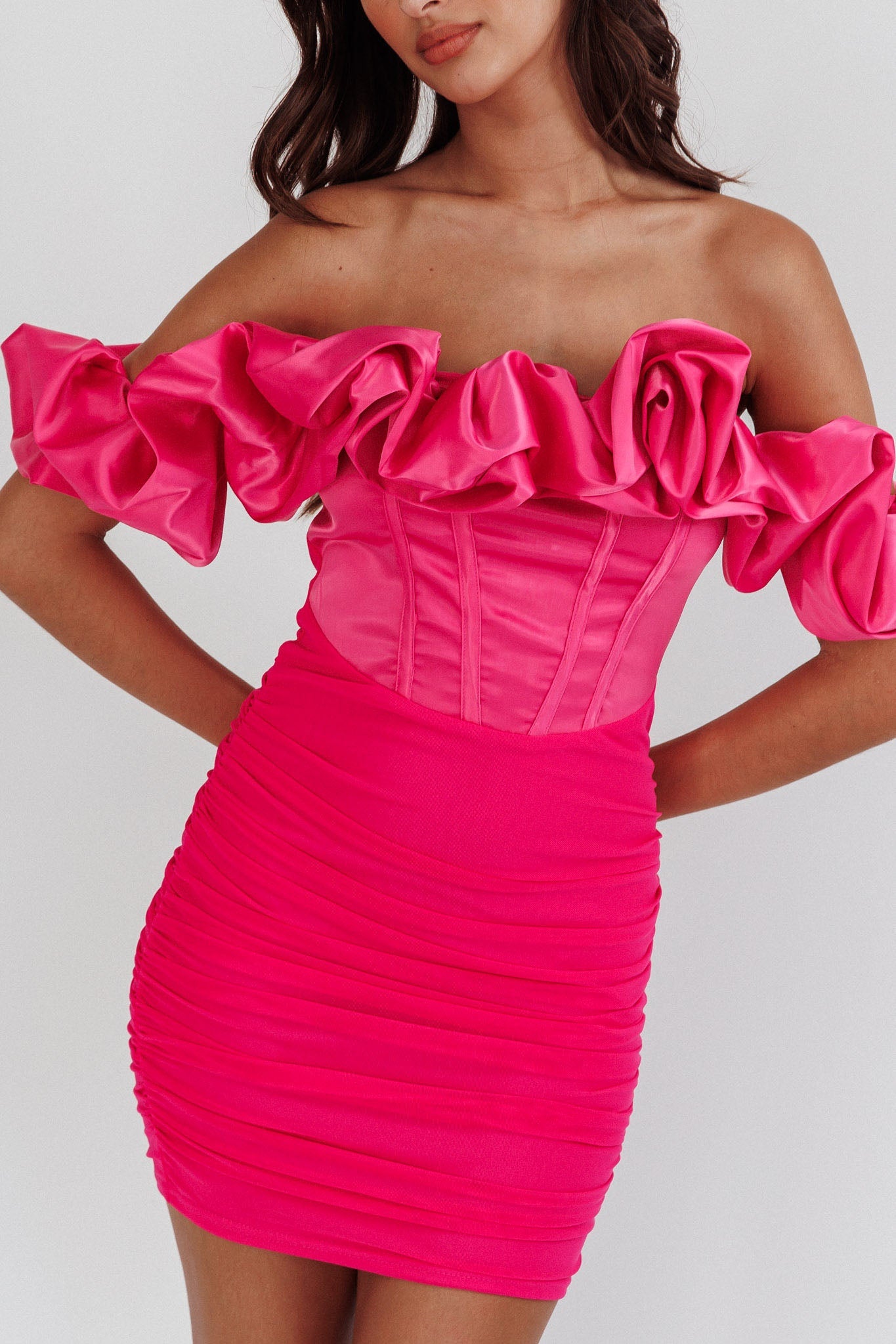 Arista Off-Shoulder Ruched Mini Homecoming Dress Hot Pink