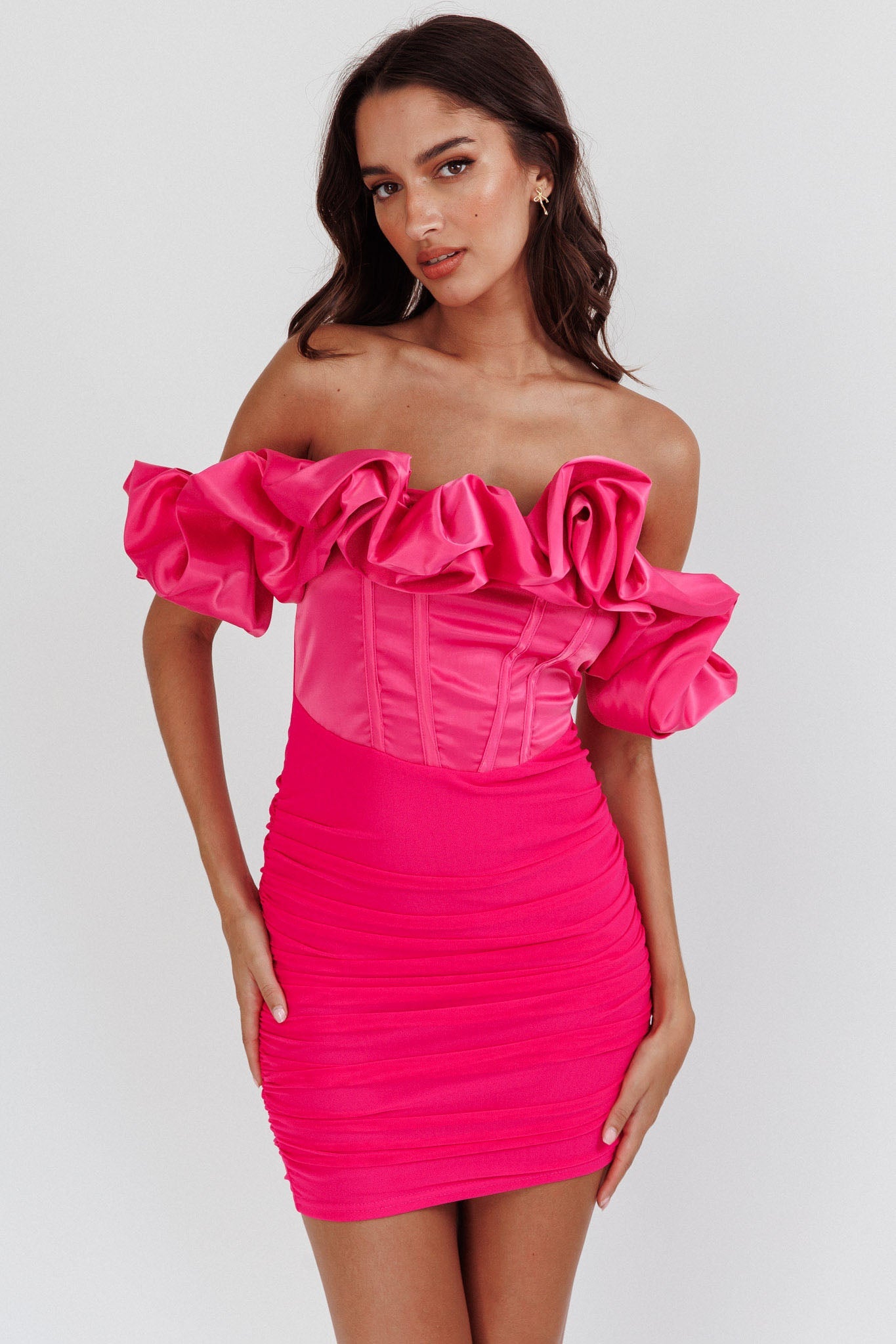 Arista Off-Shoulder Ruched Mini Homecoming Dress Hot Pink