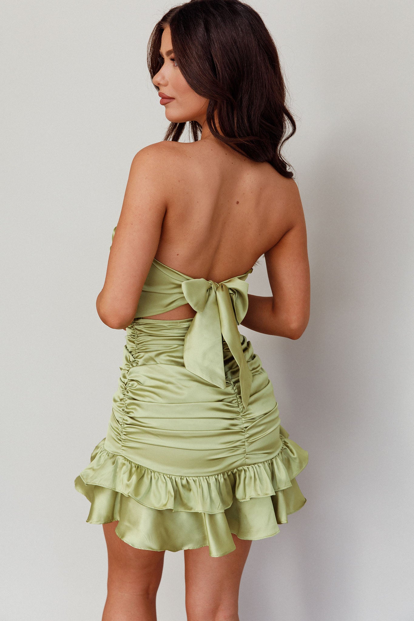 Annabella Strapless Tied Back Frill Hem Mini Homecoming Dress Olive