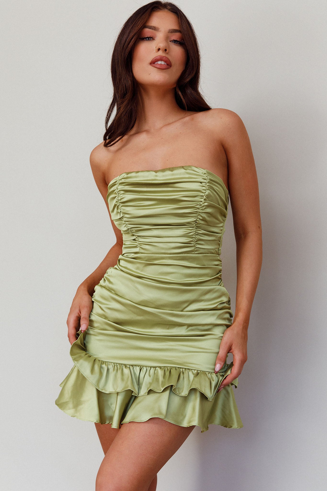 Annabella Strapless Tied Back Frill Hem Mini Homecoming Dress Olive