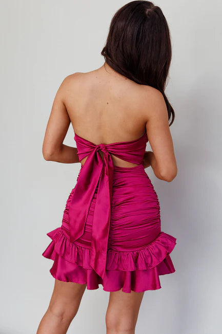 Annabella Strapless Tied Back Frill Hem Mini Homecoming Dress