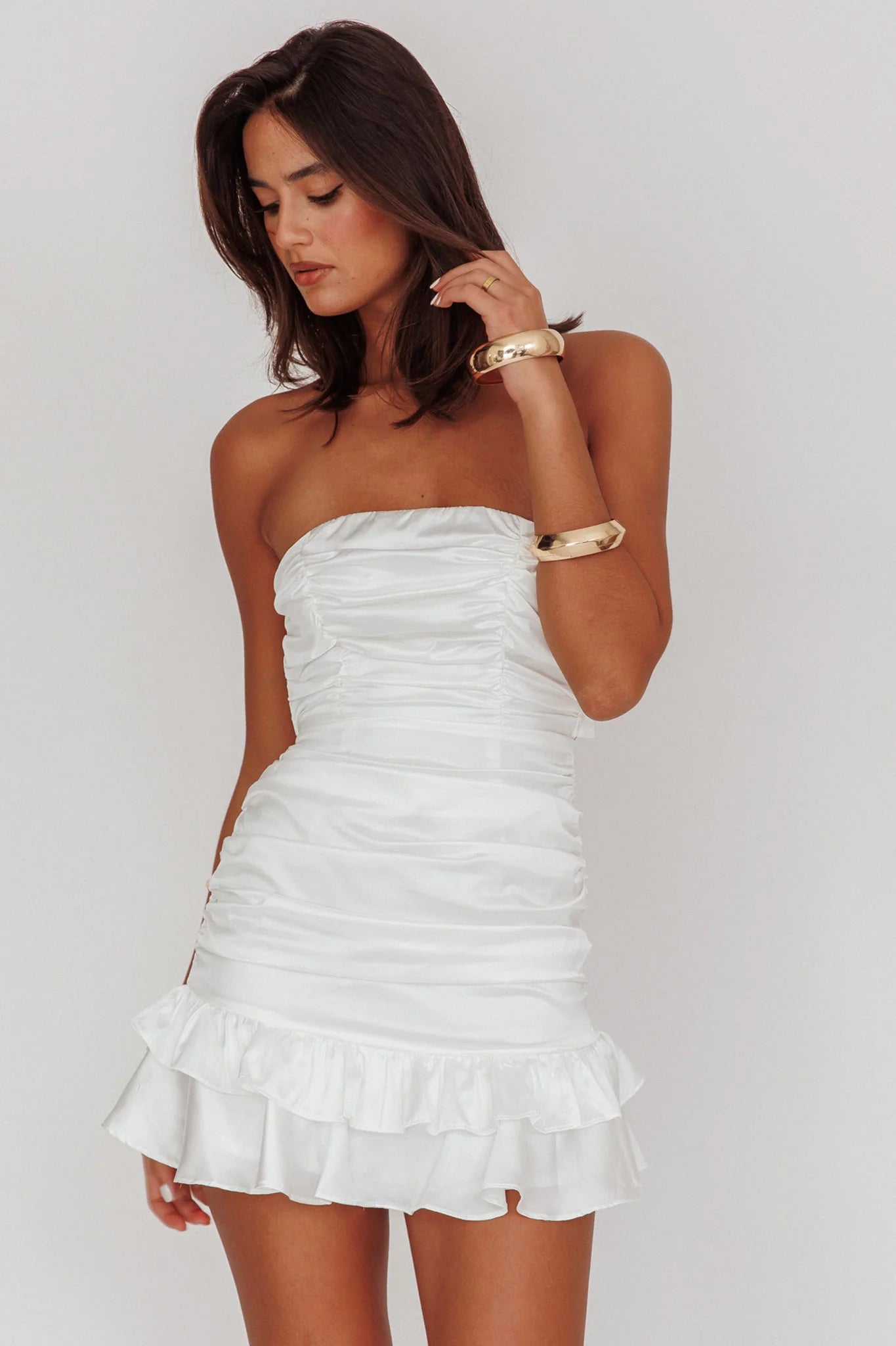 Annabella Strapless Tied Back Frill Hem Mini Homecoming Dress