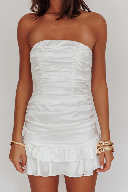 Annabella Strapless Tied Back Frill Hem Mini Homecoming Dress