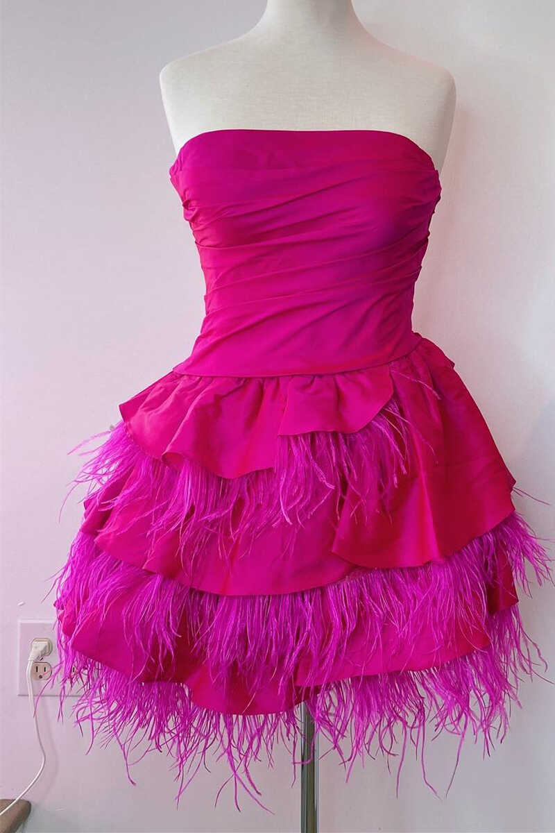 Pink Strapless Satin A-line Multi-Layers Homecoming Dress with Feathers