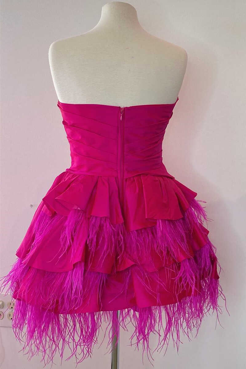 Pink Strapless Satin A-line Multi-Layers Homecoming Dress with Feathers