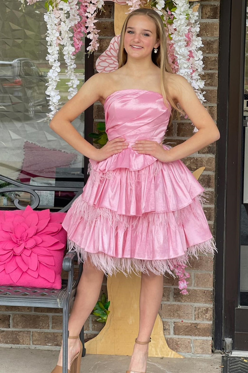 Pink Strapless Satin A-line Multi-Layers Homecoming Dress with Feathers